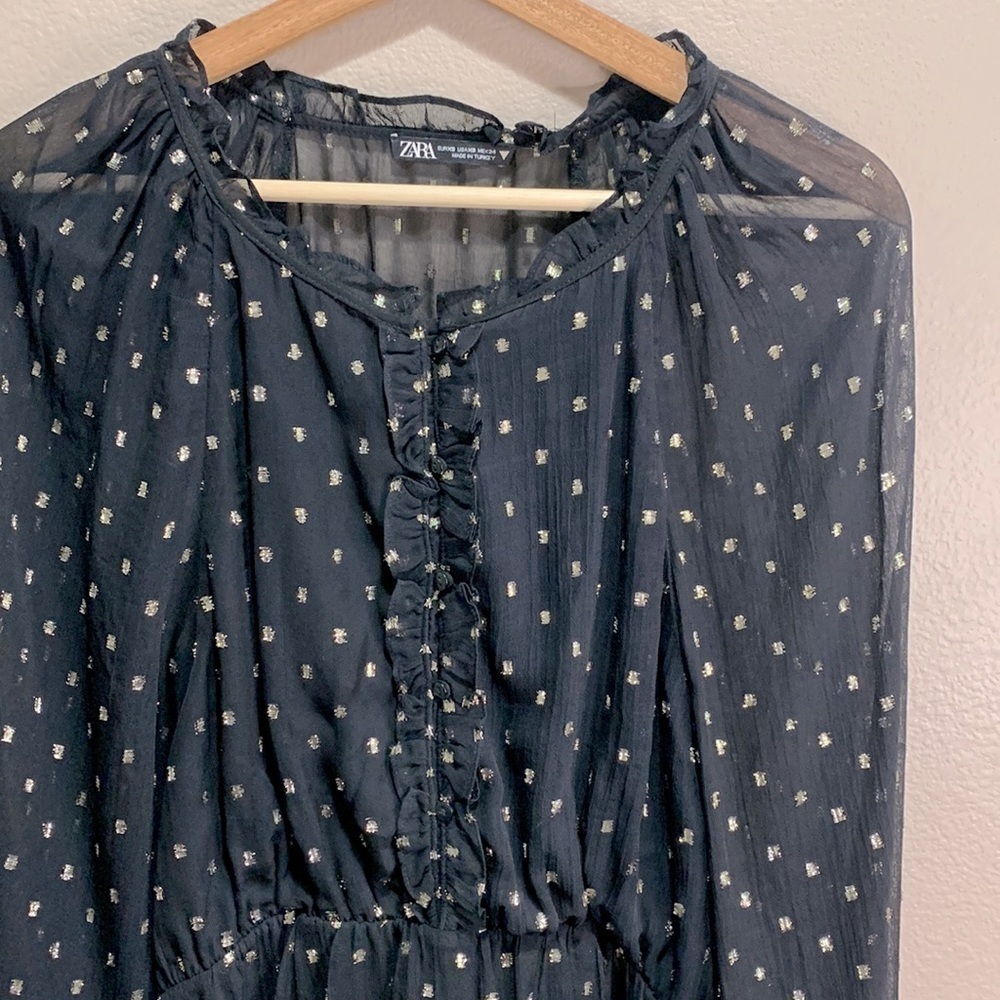 ZARA Sheer Gold Foil Polka Dot Long Sleeve Blouse